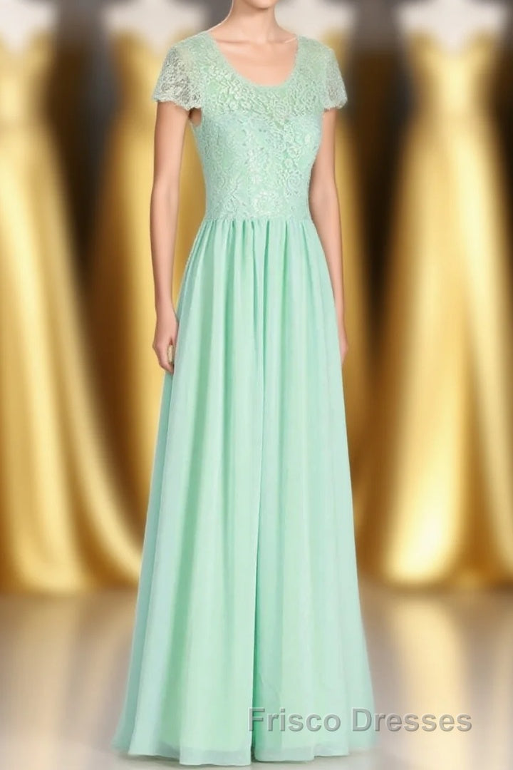 Sage Green Lace and Chiffon Cap Sleeve A-Line Long Bridesmaid Dress Main image