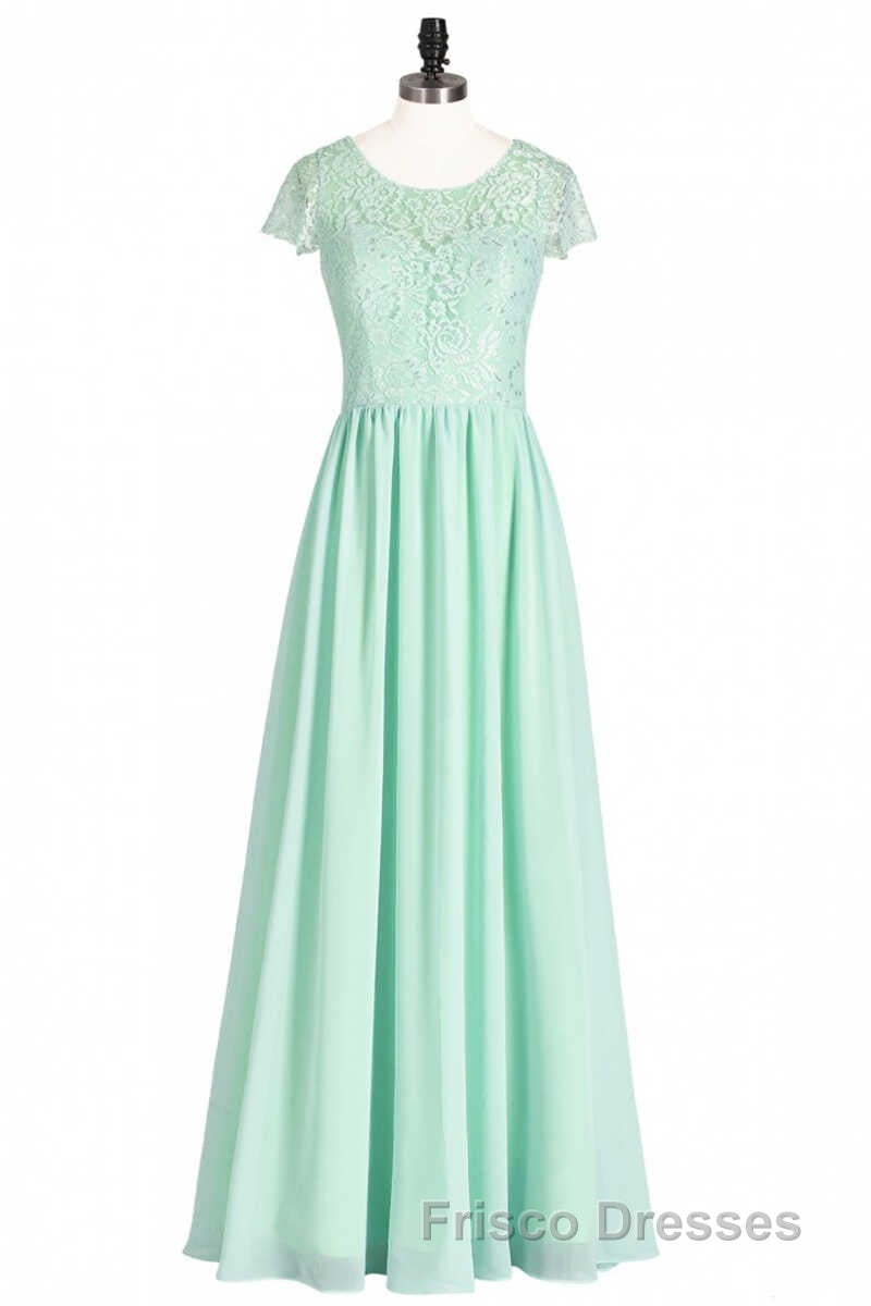 Sage Green Lace and Chiffon Cap Sleeve A-Line Long Bridesmaid Dress