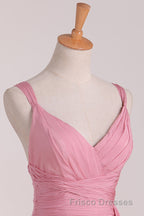 Pink V-Neck Lace-Up Long Bridesmaid Dress