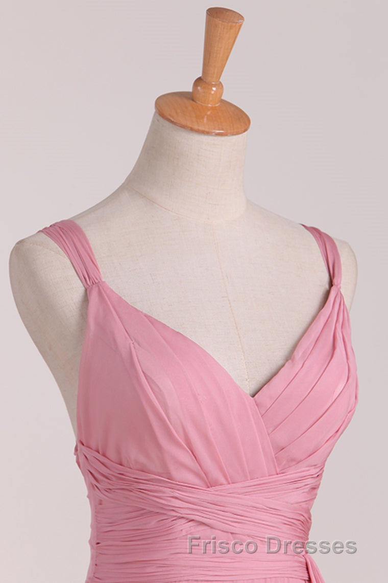 Pink V-Neck Lace-Up Long Bridesmaid Dress
