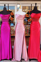Black Strapless Mermaid Satin Long Formal Prom Dress with Slit