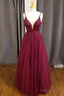Wine Lace Appliques V-Neck A-Line Prom Dress