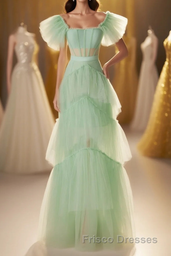 Mint Green Flare Sleeves Ruffles Long Party Dress Main image