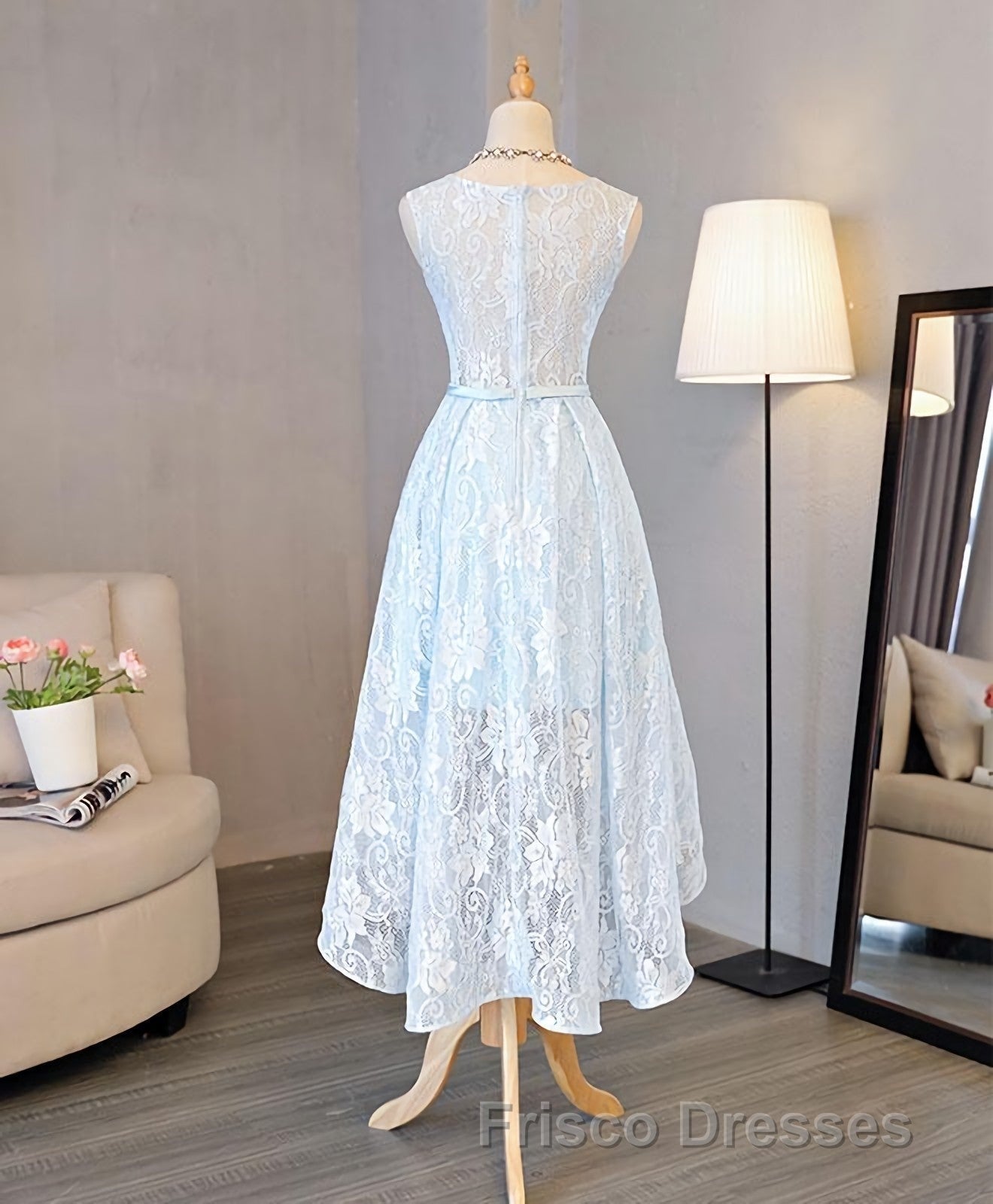 Light Blue Lace High Low Formal Prom Dress, Homecoming Dress