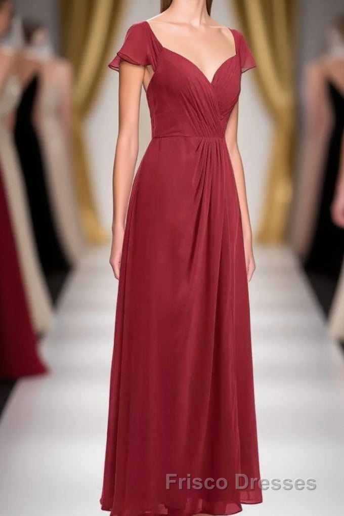 Wine Red Chiffon Backless Ruffled Sleeve Long Bridesmaid Dress Main image
