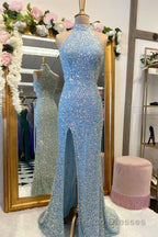 Blue Sequin Halter Long Formal Prom Dress with Slit