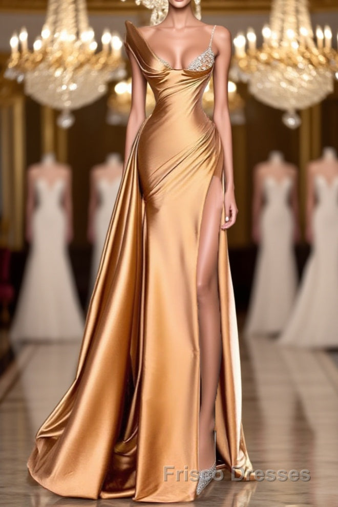 One Shoulder Long Sleeves Mermaid Formal Prom Dress Split With Beads Main image