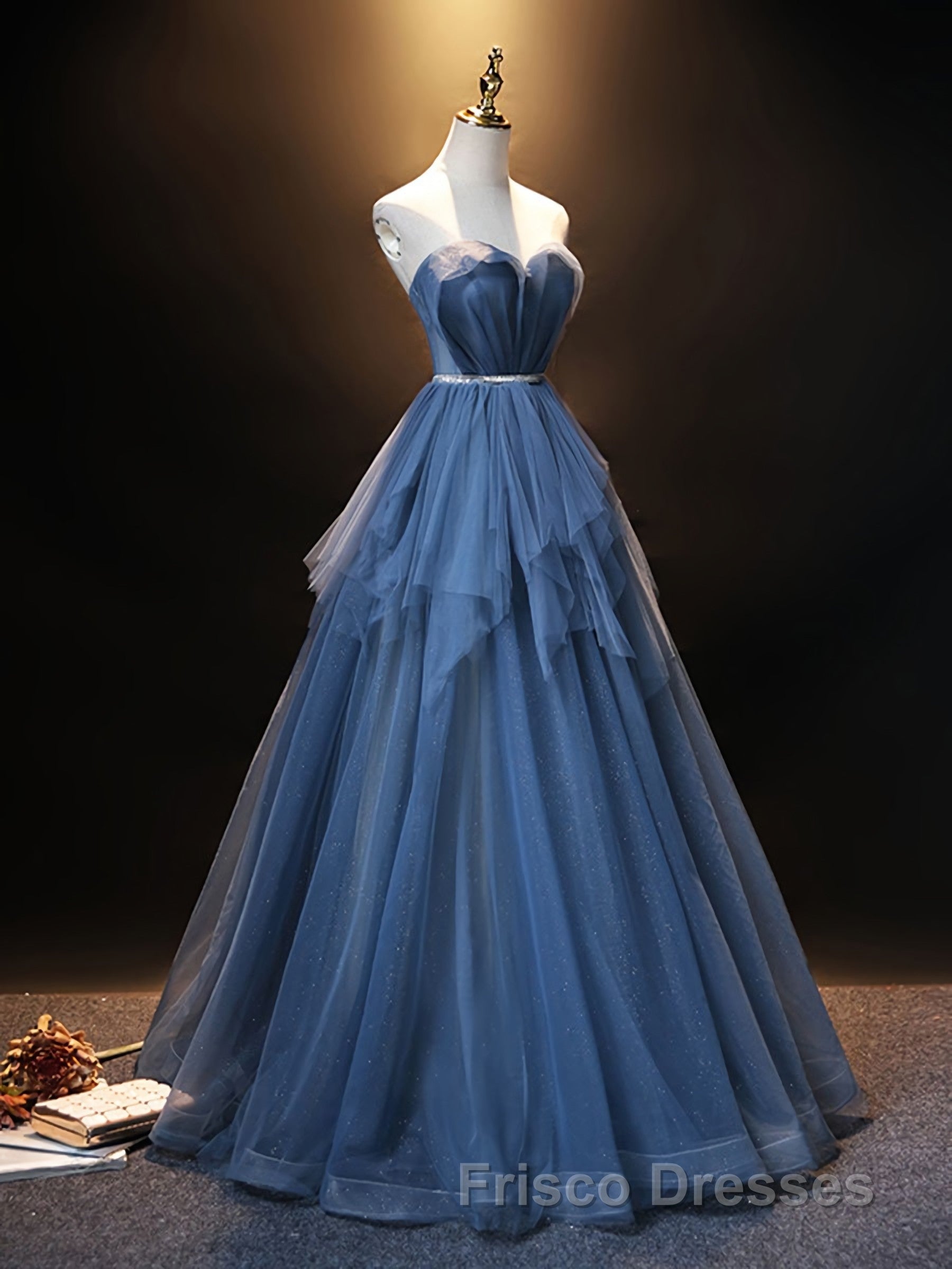 Blue Sweetheart Neck Tulle Long Formal Prom Dress, Blue Evening Dress