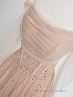 Champagne Pink Tulle Beads Long Formal Prom Dress, Champagne Evening Dress