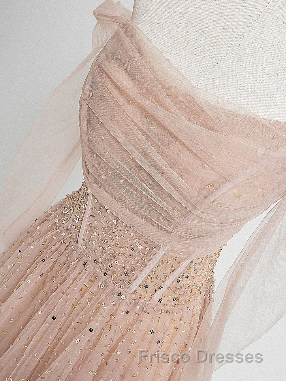Champagne Pink Tulle Beads Long Formal Prom Dress, Champagne Evening Dress