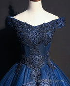 Blue Tulle Lace Off Shoulder Long Formal Prom Dress, Blue Tulle Lace Evening Dress