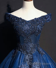 Blue Tulle Lace Off Shoulder Long Formal Prom Dress, Blue Tulle Lace Evening Dress