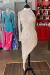 Iridescent White Sequin Halter One-Sleeve High-Low Cocktail Dress