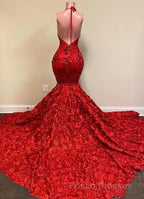 Burgundy Halter Mermaid V-neck Low back Flowers Formal Prom Dress