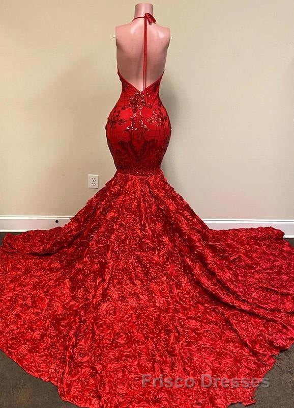 Burgundy Halter Mermaid V-neck Low back Flowers Formal Prom Dress