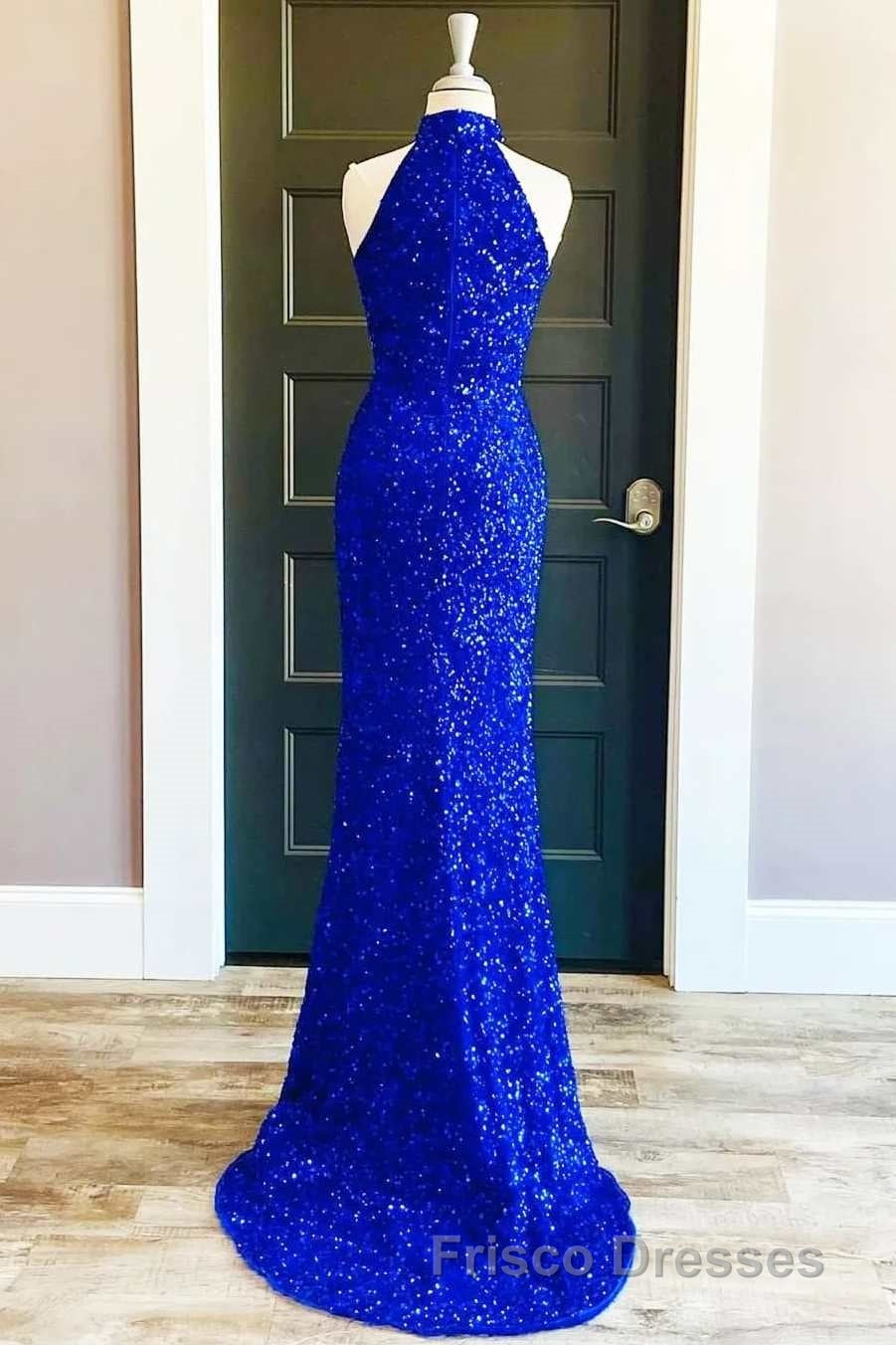 Blue Sequin Halter Long Formal Prom Dress with Slit