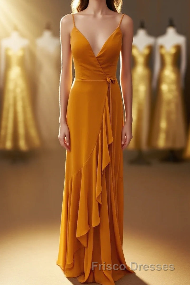 Rust V-Neck Spaghetti Straps Ruffled Long Bridesmaid Dress Main image