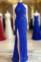 Blue Sequin Halter Long Formal Prom Dress with Slit