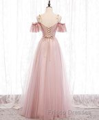 Pink V Neck Tulle Lace Long Formal Prom Dress, Pink Bridesmaid Dress, 1