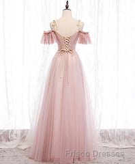 Pink V Neck Tulle Lace Long Formal Prom Dress, Pink Bridesmaid Dress, 1