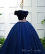 Dark Blue Tulle Off Shoulder Long Formal Prom Dress, Blue Sweet 16 Dress