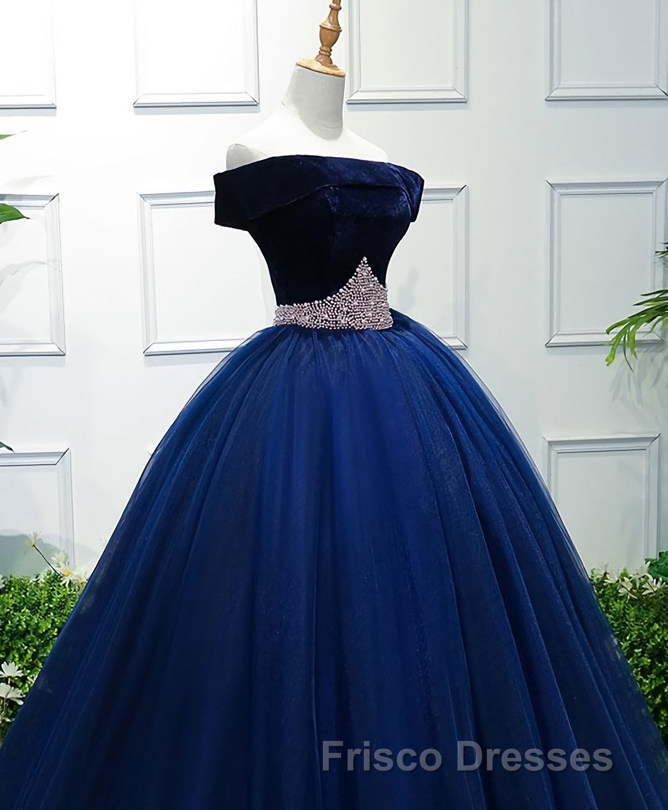 Dark Blue Tulle Off Shoulder Long Formal Prom Dress, Blue Sweet 16 Dress