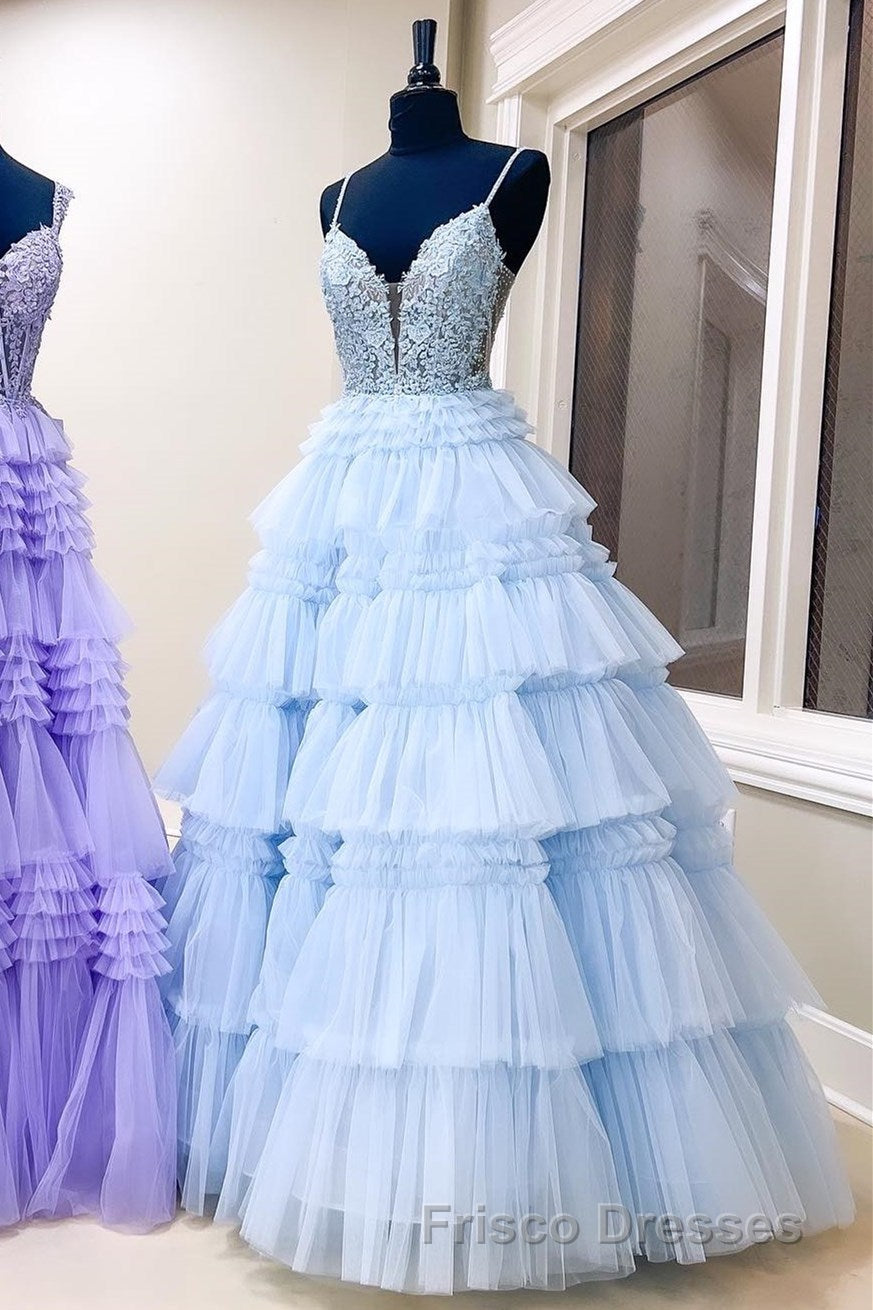 Plunging V-Neck Straps Appliques Layered Formal Prom Dress