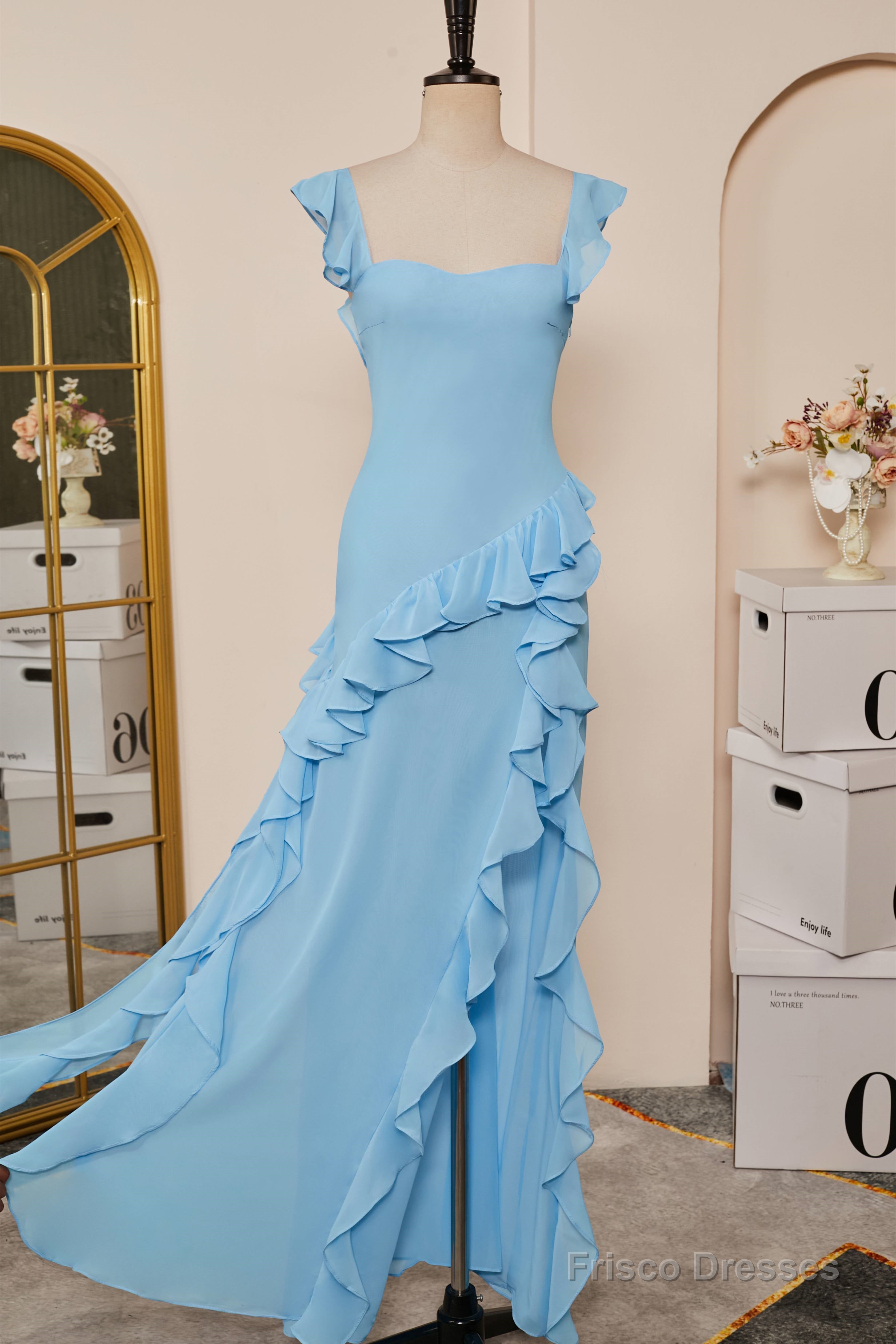 Light Blue Flaunt Sleeves Mermaid Ruffled Long Bridesmaid Dress with Slit Main image