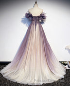 Purple Tulle Sequin Long Formal Prom Dress, Purple Tulle Formal Prom Dress