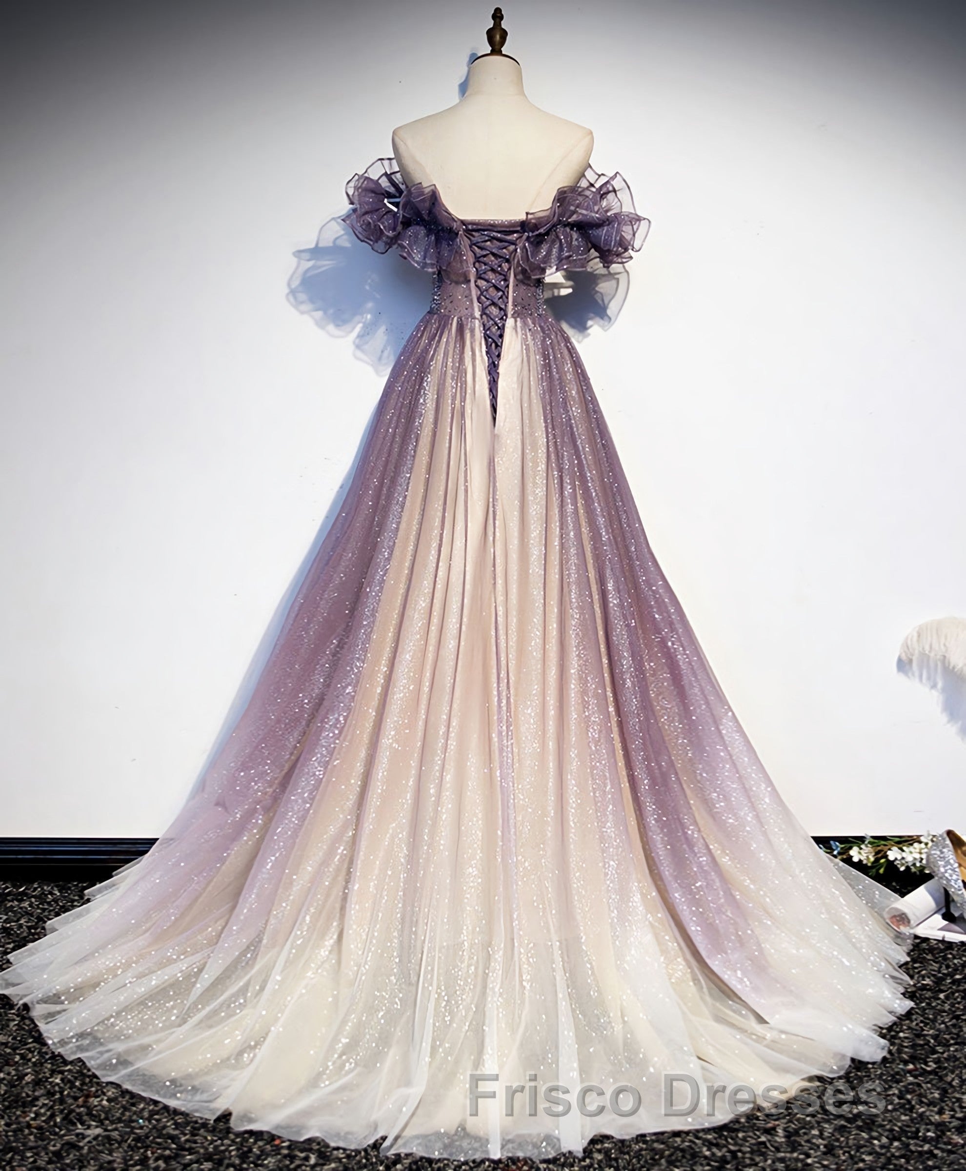 Purple Tulle Sequin Long Formal Prom Dress, Purple Tulle Formal Prom Dress