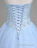 Light Blue Ball Gown Floor Length Sweetheart Strapless Sleevless Beading Formal Prom Dress