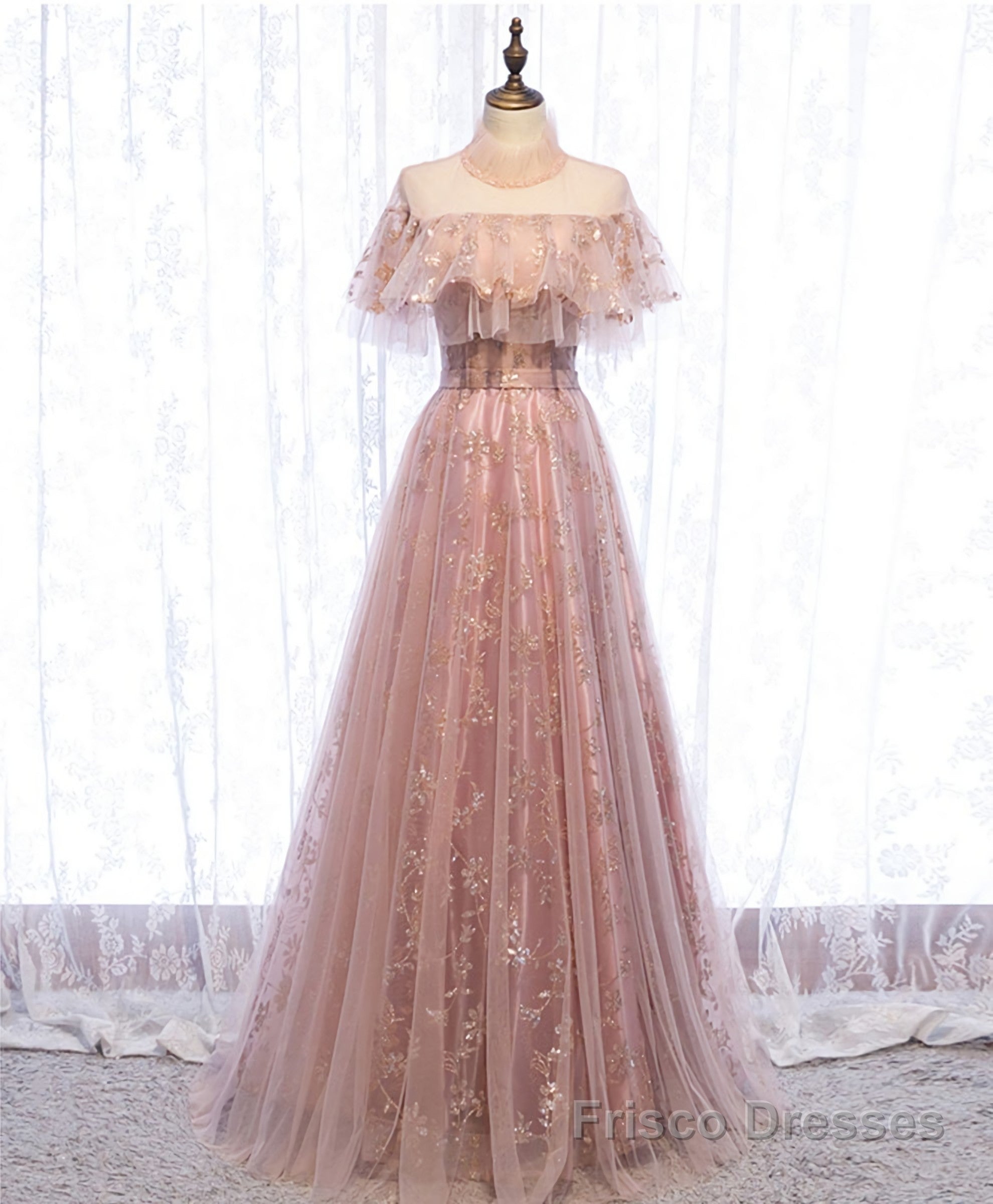 Pink Tulle Lace Long Prom Dress, Pink Tulle Formal Dress, 2 Main image