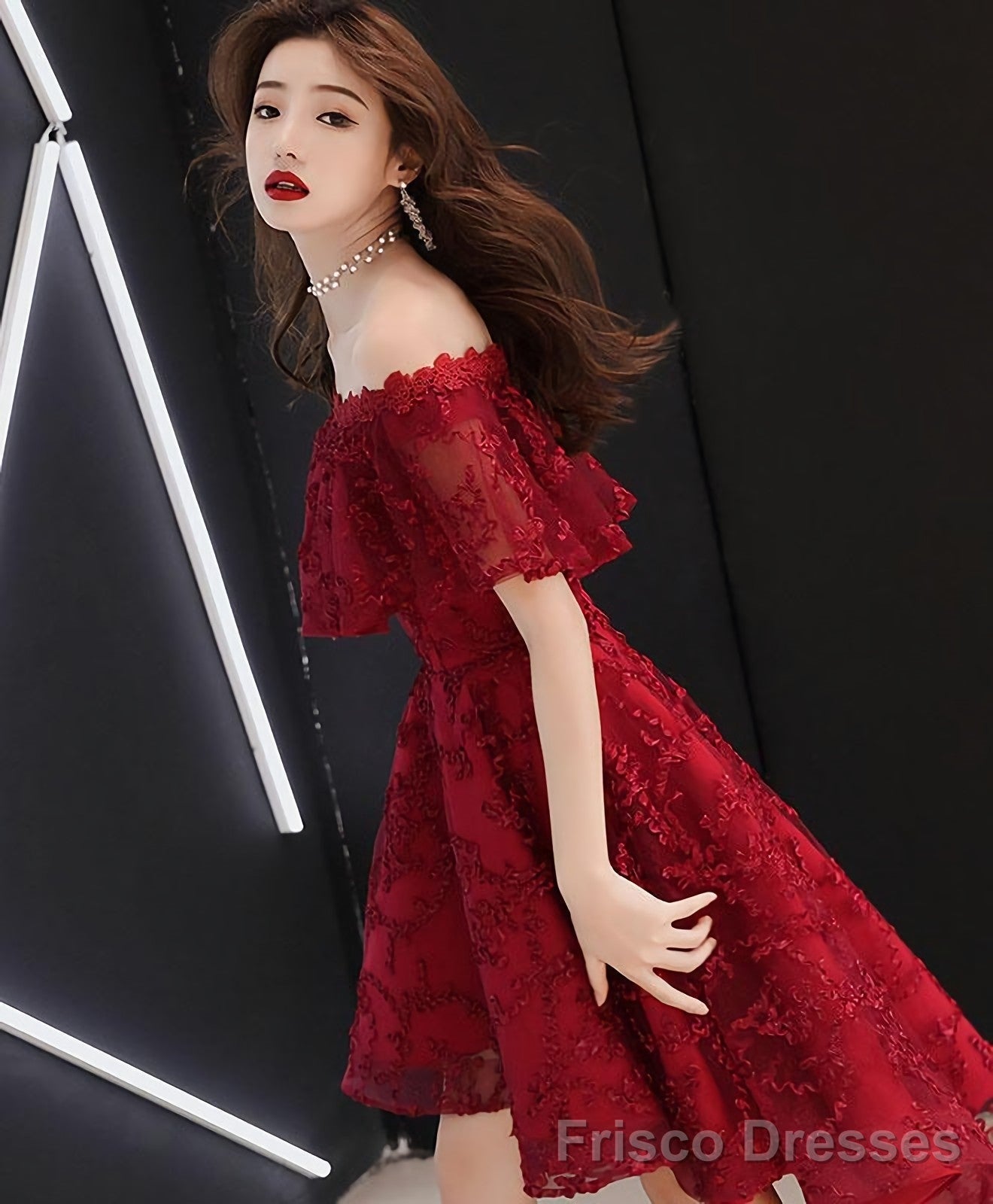Burgundy Tulle Lace Short Prom Dress Burgundy Homecoming Dress 5