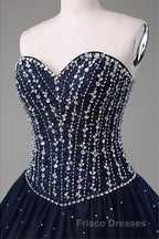 Navy Blue Ball Gown Floor Length Sweetheart Sleeveless Mid Back Formal Prom Dress