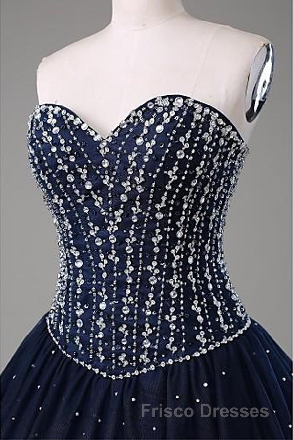 Navy Blue Ball Gown Floor Length Sweetheart Sleeveless Mid Back Formal Prom Dress