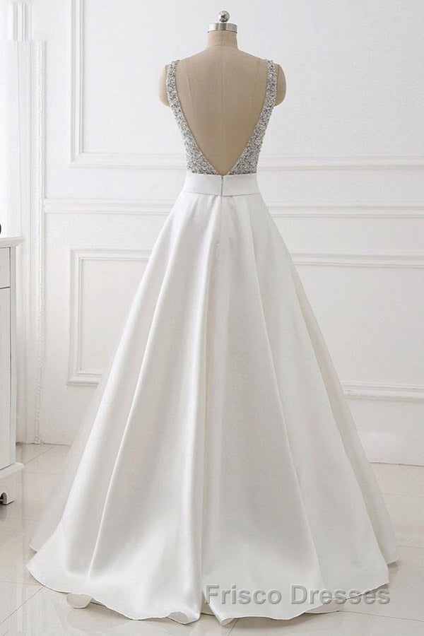 A Line Brush Train Deep V Neck Sleeveless Beading Formal Prom Dress