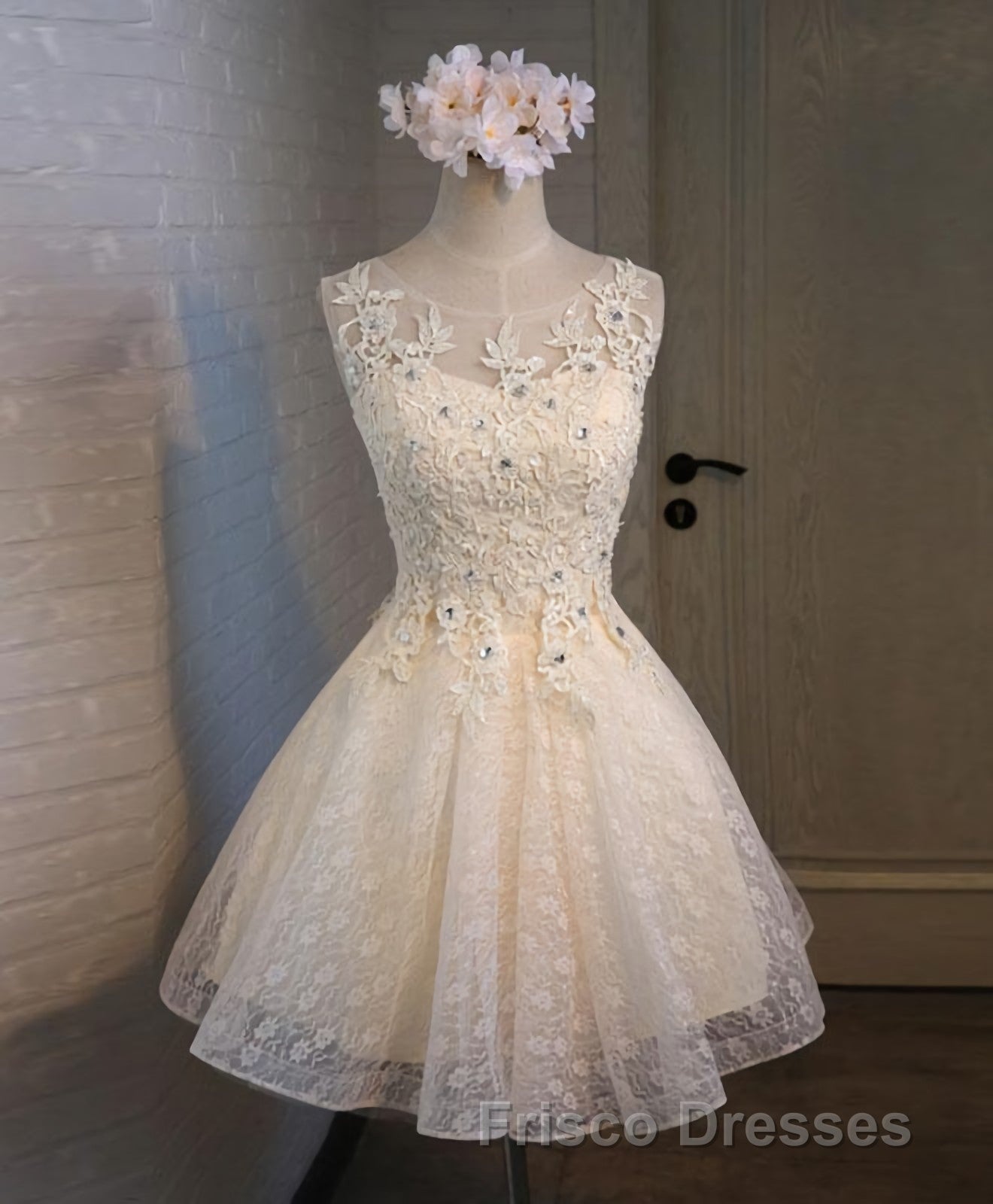 Champagne Lace Round Neck Short Formal Prom Dress, Bridesmaid Dress