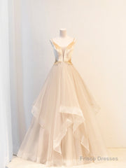 Champagne Velvet and Tulle Long Prom Dress, V-Neck Spaghetti Strap Evening Dress