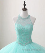 Mint Ball Gown Floor Length Halter Keyhole Back Beading Ruffles Formal Prom Dress
