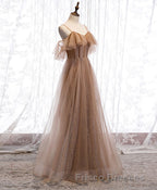 Champagne Tulle Sequin Long Formal Prom Dress, Champagne Evening Dress
