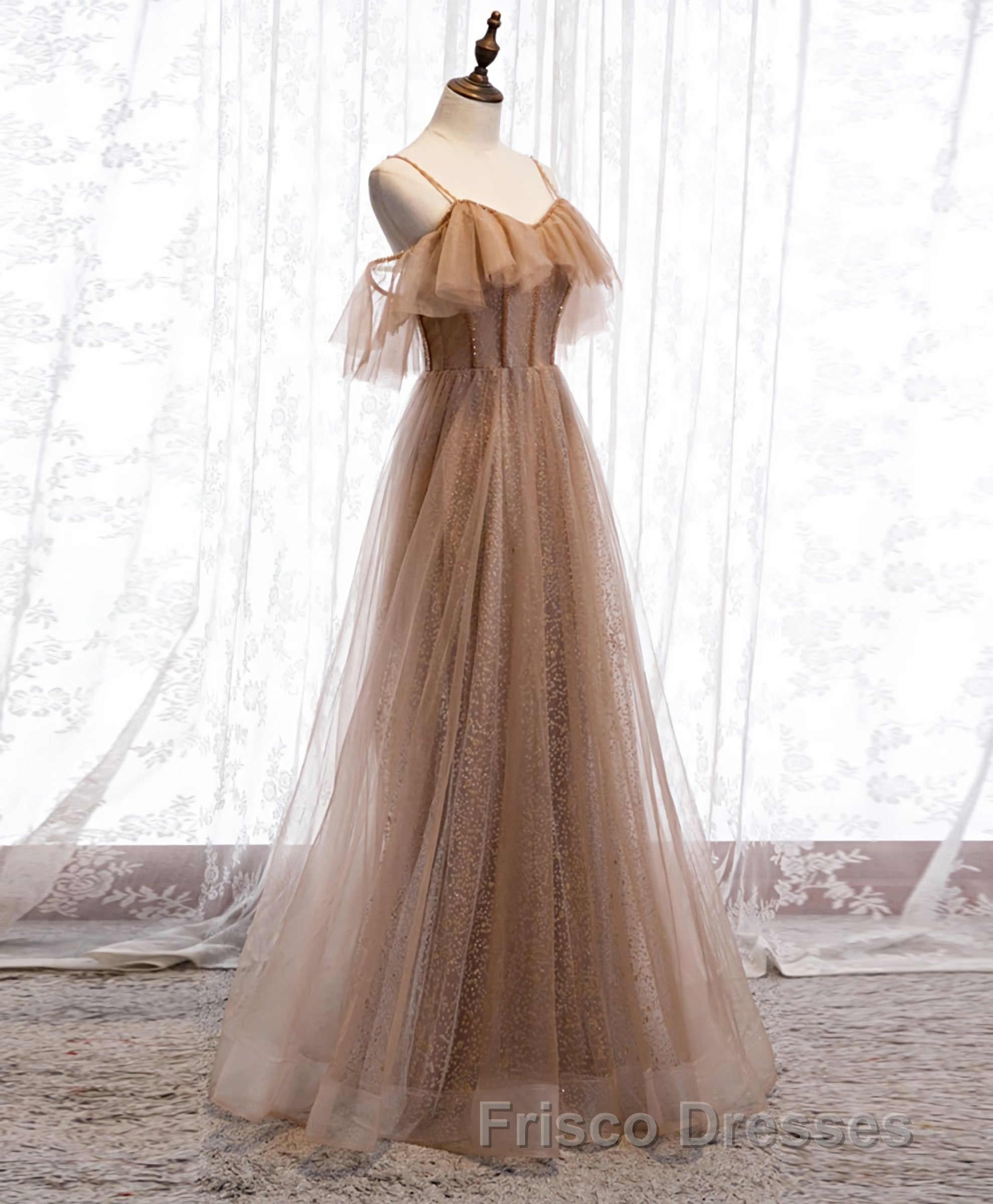 Champagne Tulle Sequin Long Formal Prom Dress, Champagne Evening Dress