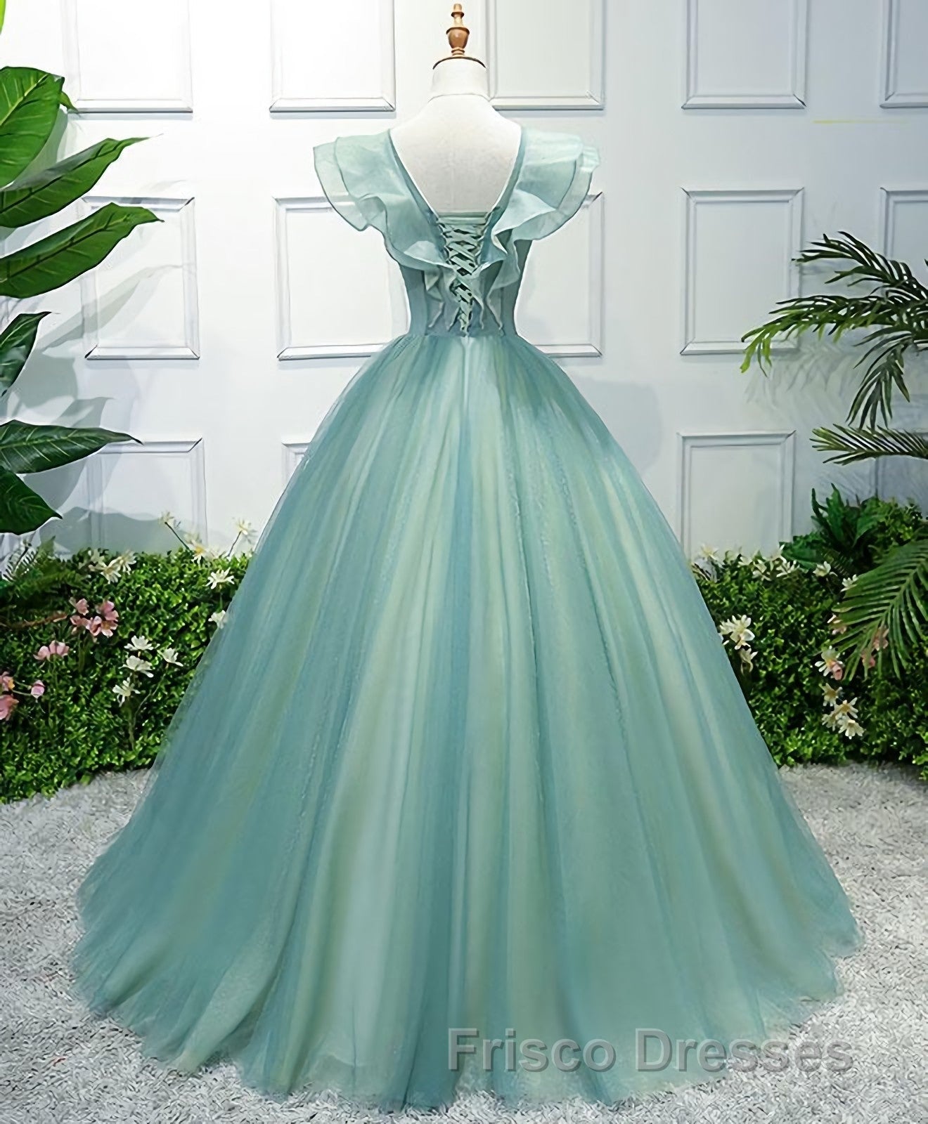 Green V Neck Tulle Long Formal Prom Dress, Green Evening Dress Secondary image