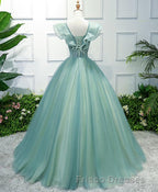 Green V Neck Tulle Long Formal Prom Dress, Green Evening Dress