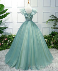 Green V Neck Tulle Long Formal Prom Dress, Green Evening Dress