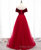 Burgundy Tulle Off Shoulder Long Formal Prom Dress, Burgundy Formal Prom Dress