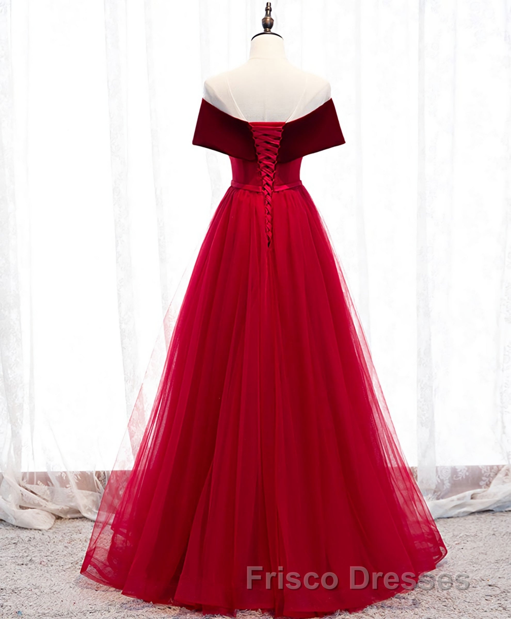 Burgundy Tulle Off Shoulder Long Formal Prom Dress, Burgundy Formal Prom Dress
