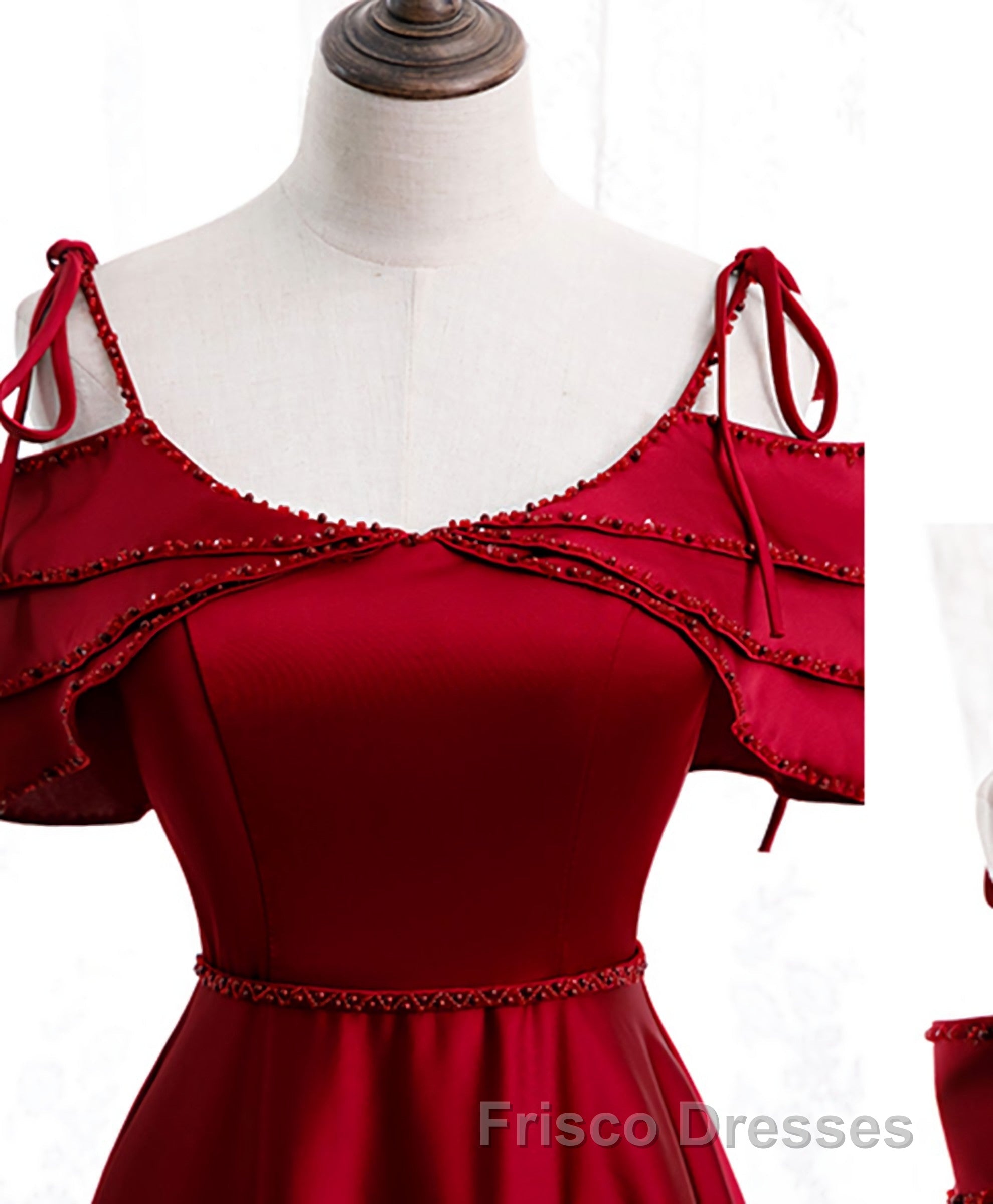 Burgundy Satin Beads Long Formal Prom Dress, Burgundy Evening Dress