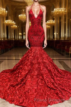 Burgundy Halter Mermaid V-neck Low back Flowers Formal Prom Dress