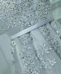 Gray A Line Lace Tulle Short Formal Prom Dress, Homecoming Dress