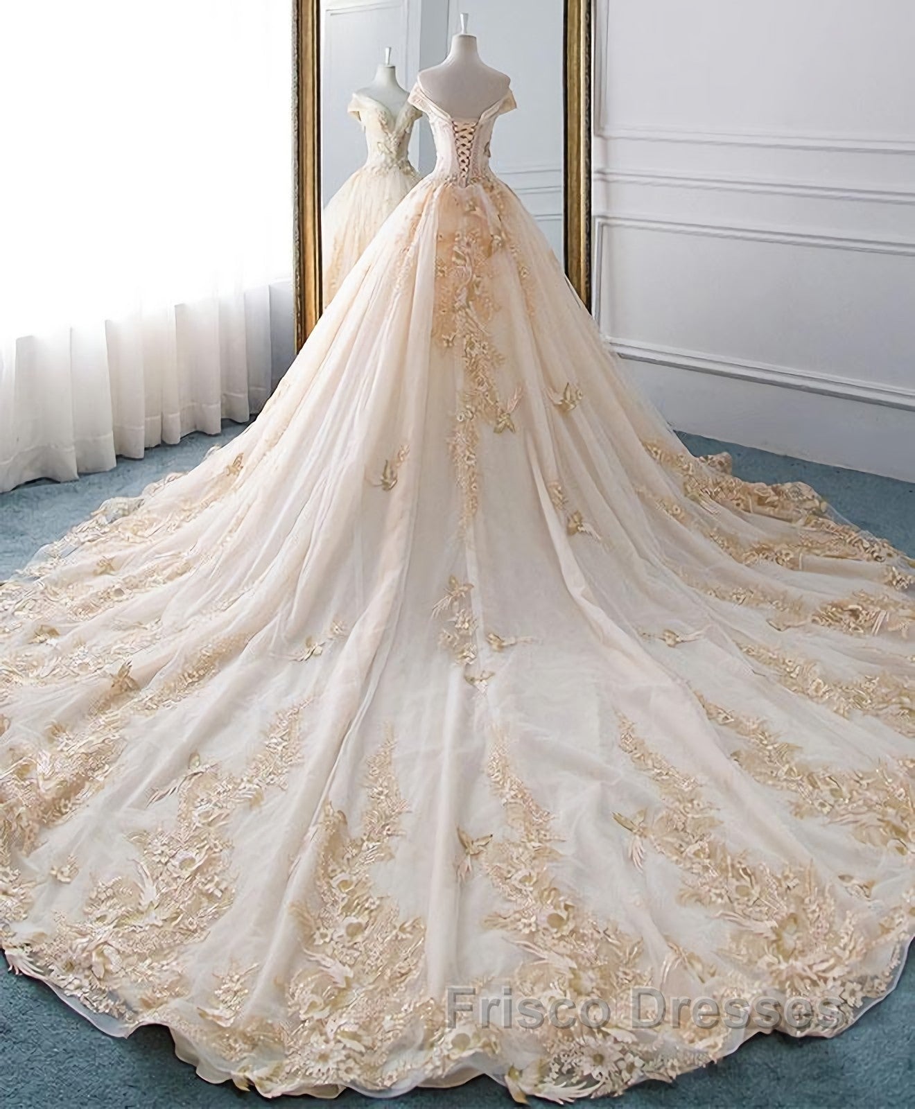 Unique Champagne Tulle Lace Long Wedding Dress, Bridal Gown Secondary image